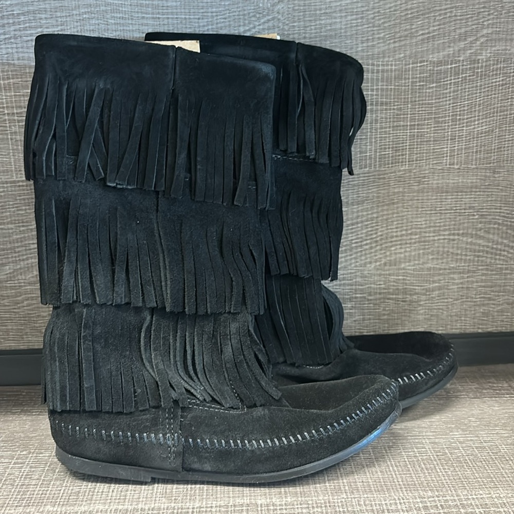 Minnetonka Black Fringe Moccasins